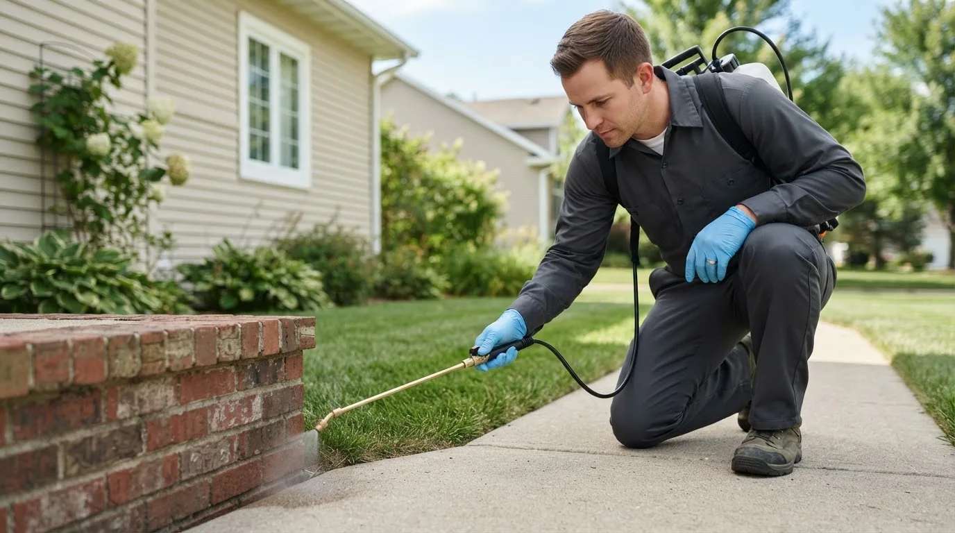 Pest control technician treating a home near Uledi, PA