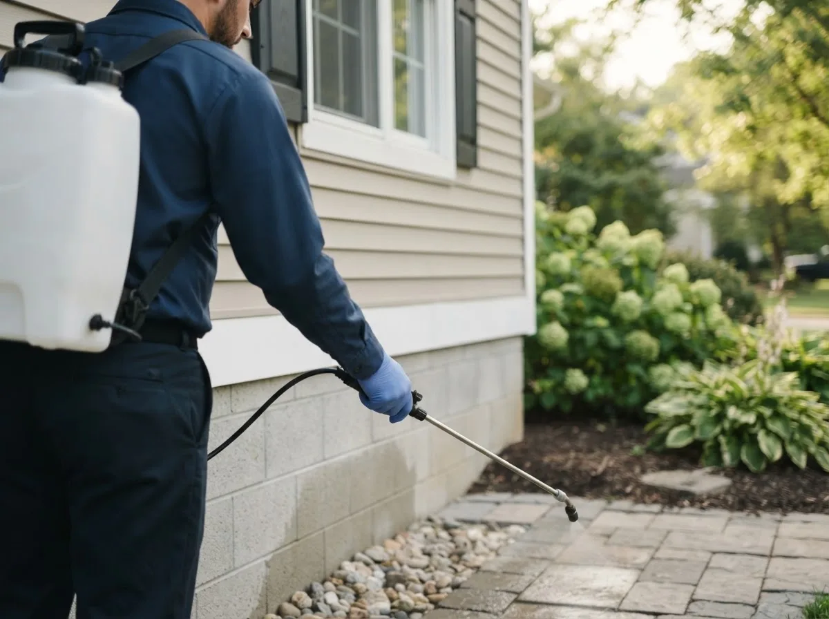 Pest control technician inspecting a home in Uledi, PA